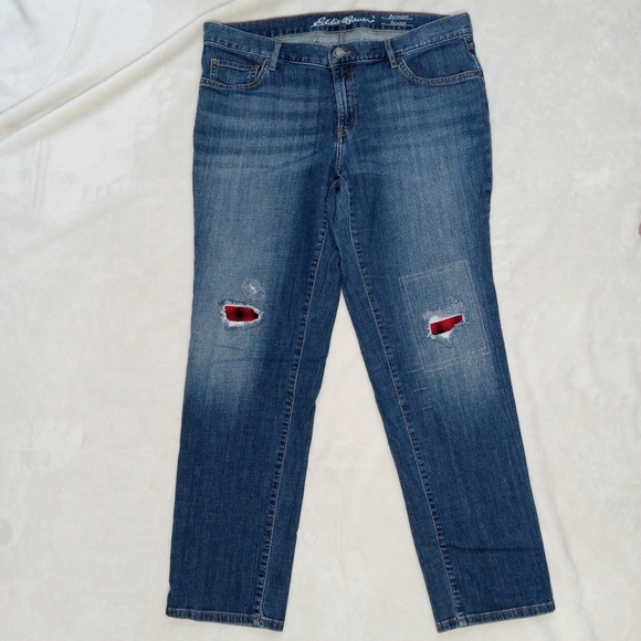 Eddie Bauer EUC Plaid Patch Relaxed Fit Boyfriend Jeans size 14 - Picture 1 of 12